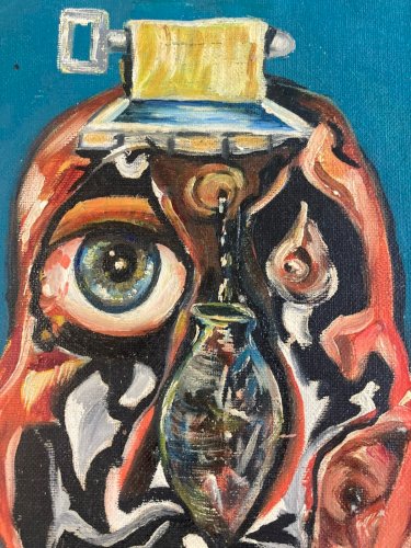 Peinture 1960 Huile Papier Toile Mémento Moto Vanité Crâne Tête Mort Art