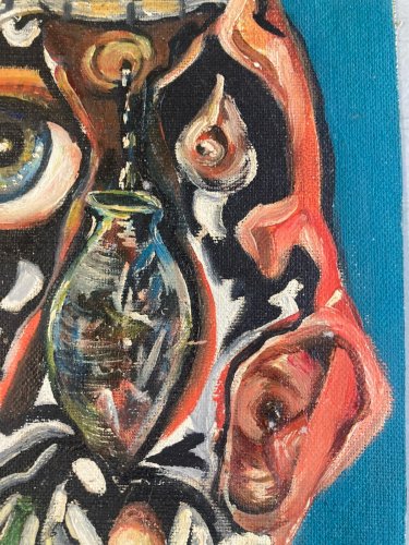 Peinture 1960 Huile Papier Toile Mémento Moto Vanité Crâne Tête Mort Art