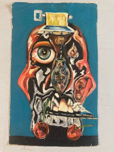 Peinture 1960 Huile Papier Toile Mémento Moto Vanité Crâne Tête Mort Art