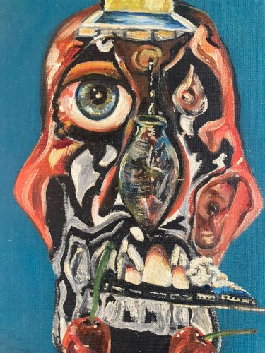 Peinture 1960 Huile Papier Toile Mémento Moto Vanité Crâne Tête Mort Art