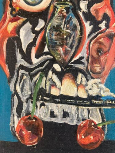 Peinture 1960 Huile Papier Toile Mémento Moto Vanité Crâne Tête Mort Art