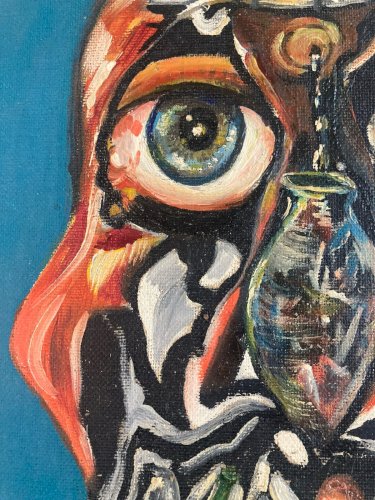 Peinture 1960 Huile Papier Toile Mémento Moto Vanité Crâne Tête Mort Art