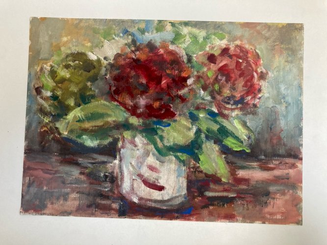 Peinture 1960 Huile Sur Papier Bouquet Fleur Fleurs À Identifier Art Vase