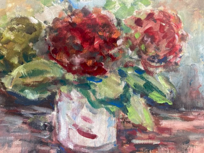 Peinture 1960 Huile Sur Papier Bouquet Fleur Fleurs À Identifier Art Vase