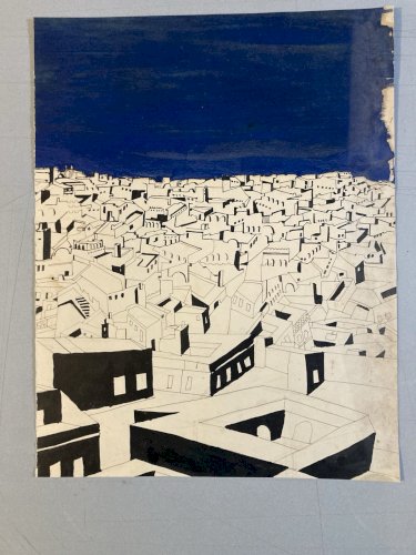 peinture 1960 Papier Orientaliste Gouache Orientalisme Painting Medina Ancien