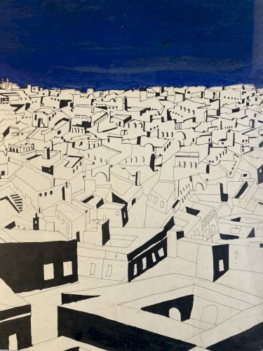 peinture 1960 Papier Orientaliste Gouache Orientalisme Painting Medina Ancien