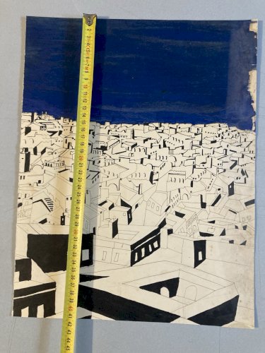 peinture 1960 Papier Orientaliste Gouache Orientalisme Painting Medina Ancien