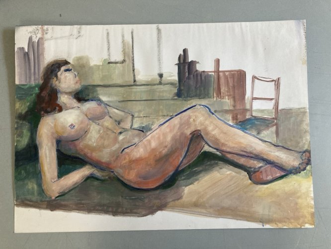 Peinture 1970 Gouache Corps Nu Nue Femme Erotique A Identifier Art XXe