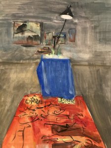 Peinture 1970 Gouache Papier Cubiste Post Cubisme Nature Morte Lampe Art