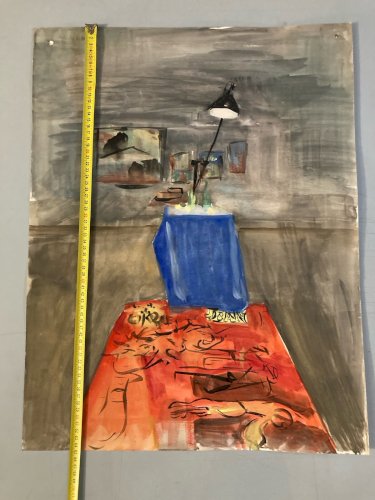 Peinture 1970 Gouache Papier Cubiste Post Cubisme Nature Morte Lampe Art
