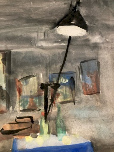 Peinture 1970 Gouache Papier Cubiste Post Cubisme Nature Morte Lampe Art