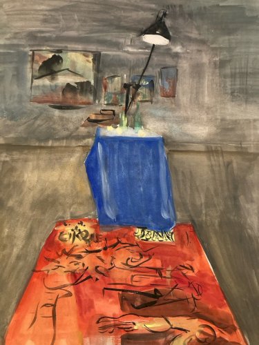Peinture 1970 Gouache Papier Cubiste Post Cubisme Nature Morte Lampe Art