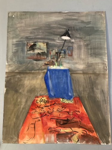 Peinture 1970 Gouache Papier Cubiste Post Cubisme Nature Morte Lampe Art