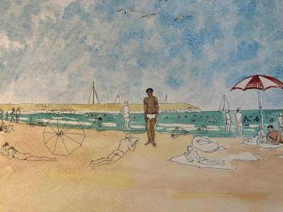 peinture 1970 Gouache Papier Mer Plage À Identifier Océan Art Nageur