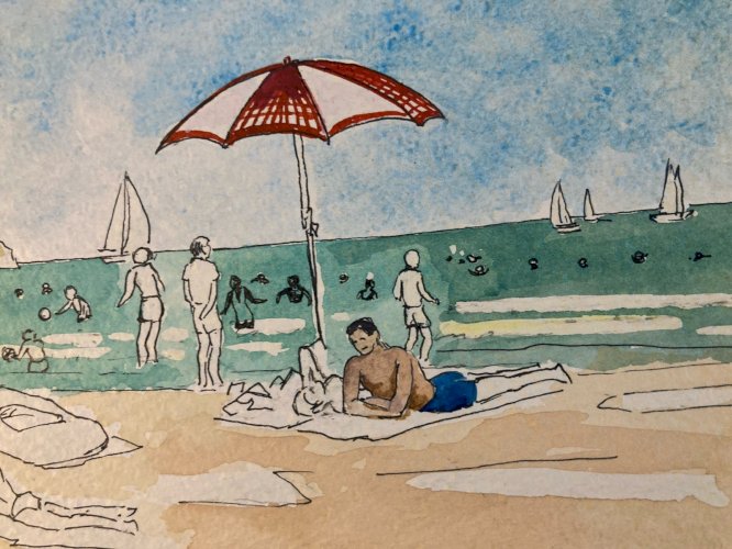 peinture 1970 Gouache Papier Mer Plage À Identifier Océan Art Nageur