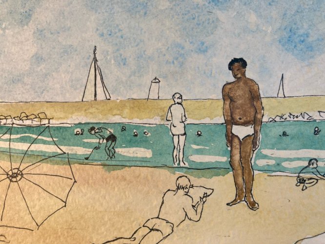 peinture 1970 Gouache Papier Mer Plage À Identifier Océan Art Nageur