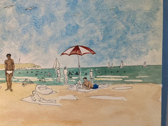 peinture 1970 Gouache Papier Mer Plage À Identifier Océan Art Nageur
