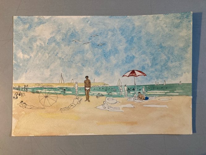 peinture 1970 Gouache Papier Mer Plage À Identifier Océan Art Nageur