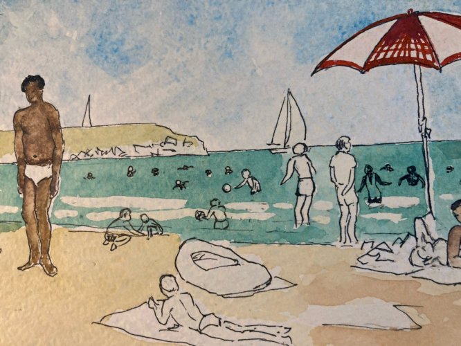 peinture 1970 Gouache Papier Mer Plage À Identifier Océan Art Nageur