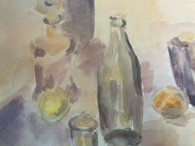 Peinture 1970 Gouache Papier Post Cubisme Nature Morte Citron Bouteille