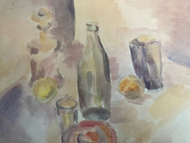 Peinture 1970 Gouache Papier Post Cubisme Nature Morte Citron Bouteille