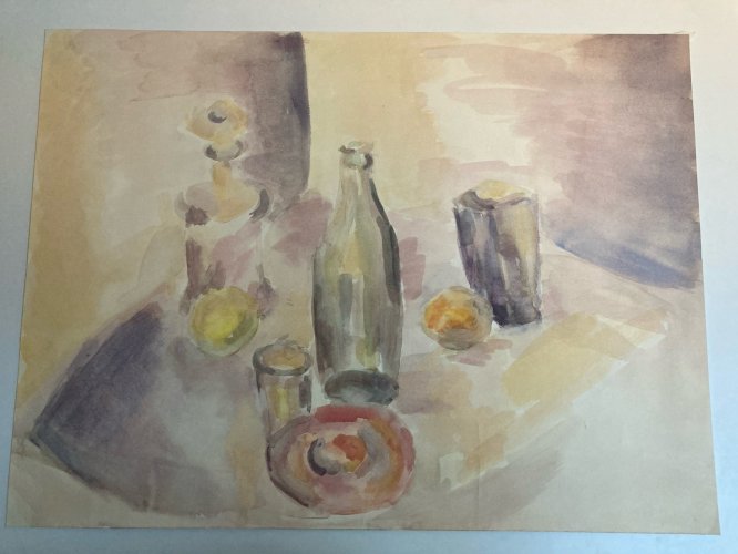 Peinture 1970 Gouache Papier Post Cubisme Nature Morte Citron Bouteille