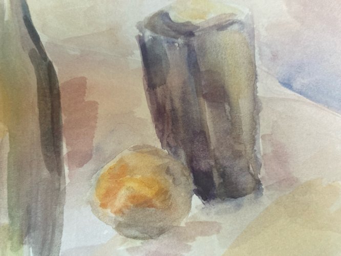 Peinture 1970 Gouache Papier Post Cubisme Nature Morte Citron Bouteille