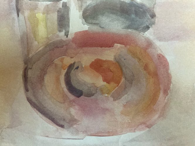 Peinture 1970 Gouache Papier Post Cubisme Nature Morte Citron Bouteille