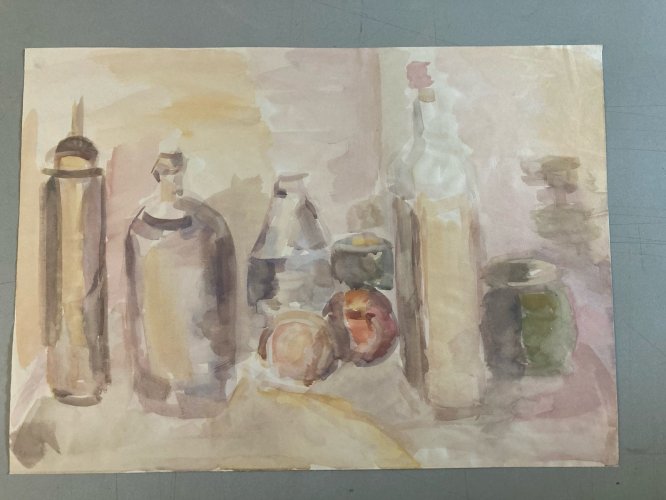 Peinture 1970 Gouache Papier Post Expressionniste Nature Morte Bouteille