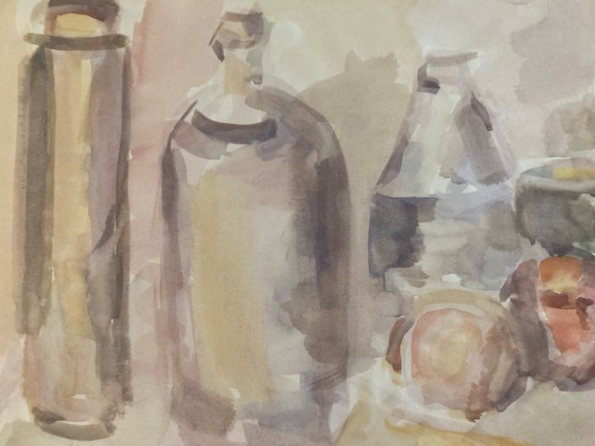 Peinture 1970 Gouache Papier Post Expressionniste Nature Morte Bouteille