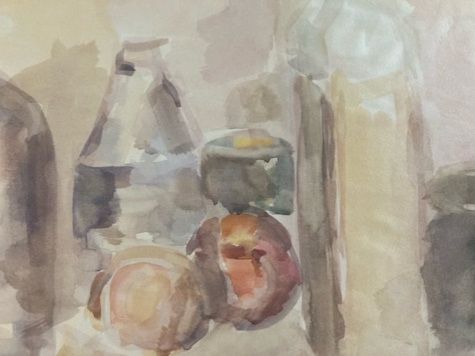 Peinture 1970 Gouache Papier Post Expressionniste Nature Morte Bouteille