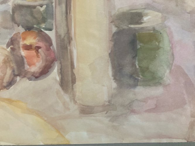 Peinture 1970 Gouache Papier Post Expressionniste Nature Morte Bouteille