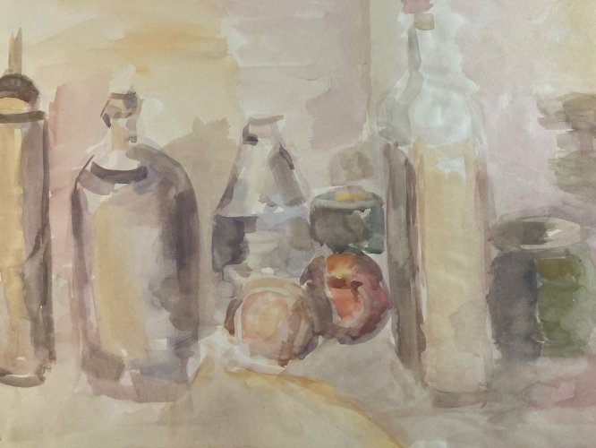 Peinture 1970 Gouache Papier Post Expressionniste Nature Morte Bouteille