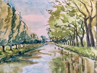 Painting 1970 Paper Gouache To Identify Landscape Canal du Midi Toulouse Tree
