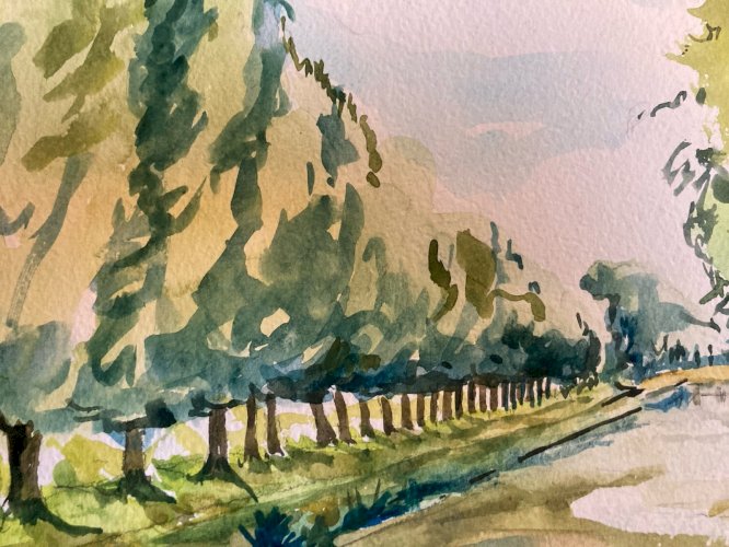 Peinture 1970 Papier Gouache À Identifier Paysage Canal Du Midi Toulouse Arbre