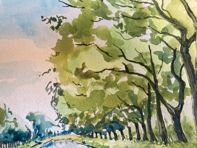 Peinture 1970 Papier Gouache À Identifier Paysage Canal Du Midi Toulouse Arbre