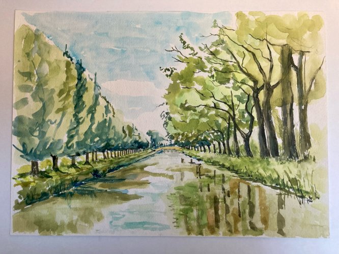 Peinture 1970 Papier Gouache À Identifier Paysage Canal Du Midi Toulouse Arbre
