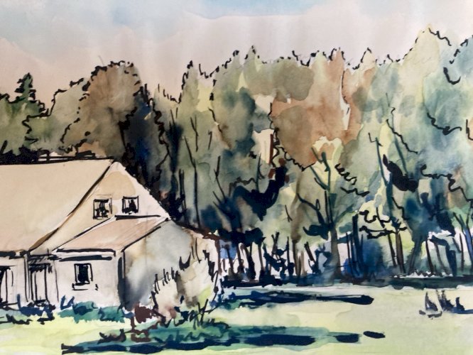 Peinture 1970 Papier Gouache Aquarelle Le Mesnil À Identifier Paysage Art Wagrez