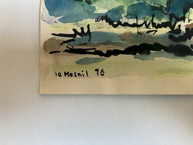 Peinture 1970 Papier Gouache Aquarelle Le Mesnil À Identifier Paysage Art Wagrez