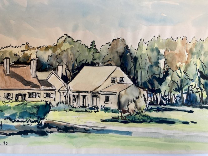 Peinture 1970 Papier Gouache Aquarelle Le Mesnil À Identifier Paysage Art Wagrez