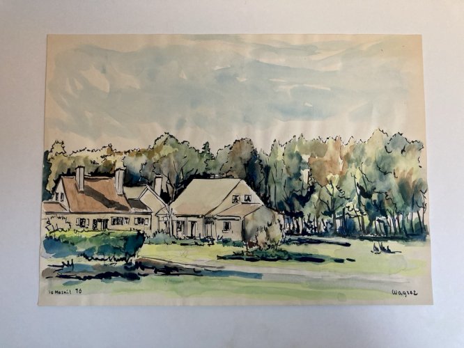 Peinture 1970 Papier Gouache Aquarelle Le Mesnil À Identifier Paysage Art Wagrez