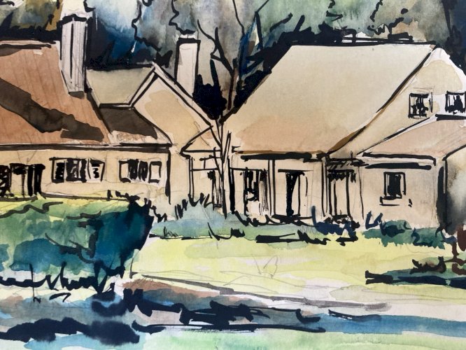 Peinture 1970 Papier Gouache Aquarelle Le Mesnil À Identifier Paysage Art Wagrez