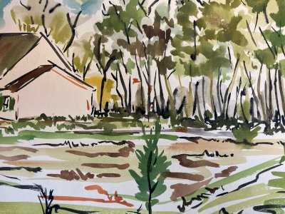 Painting 1976 Paper Gouache Watercolor Le Mesnil To Identify Landscape Art Wagrez