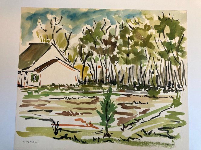 Peinture 1976 Papier Gouache Aquarelle Le Mesnil À Identifier Paysage Art Wagrez