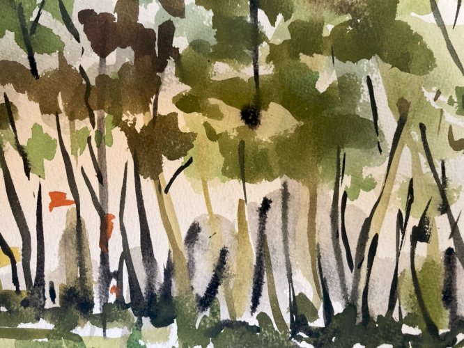 Peinture 1976 Papier Gouache Aquarelle Le Mesnil À Identifier Paysage Art Wagrez