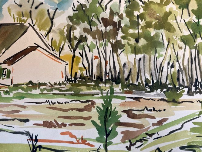 Peinture 1976 Papier Gouache Aquarelle Le Mesnil À Identifier Paysage Art Wagrez