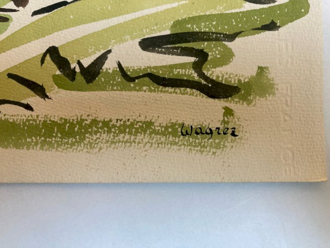 Peinture 1976 Papier Gouache Aquarelle Le Mesnil À Identifier Paysage Art Wagrez