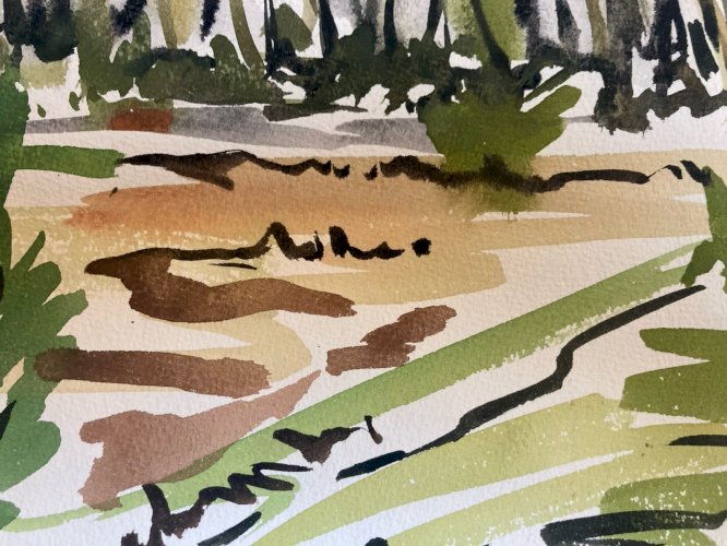 Peinture 1976 Papier Gouache Aquarelle Le Mesnil À Identifier Paysage Art Wagrez