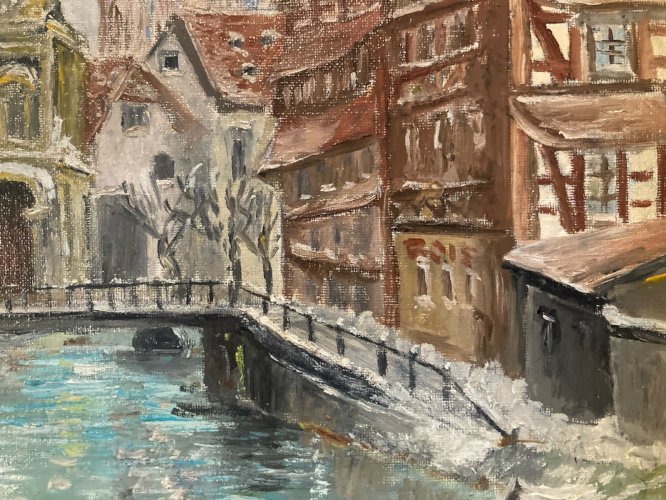 Peinture 1977 Huile Toile Post Impressionnisme Strasbourg Cathédrale  Painting