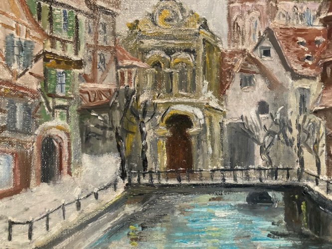 Peinture 1977 Huile Toile Post Impressionnisme Strasbourg Cathédrale  Painting